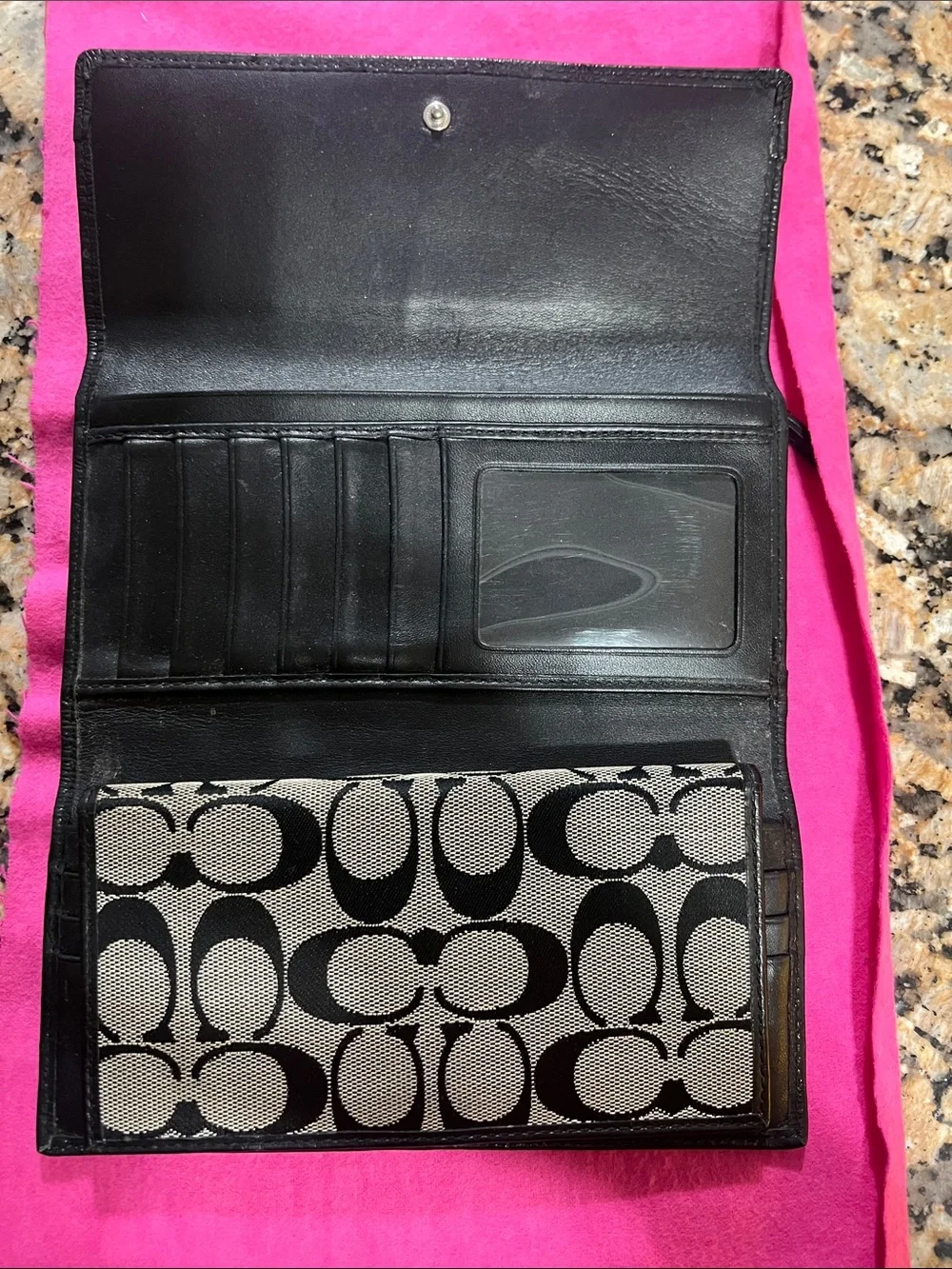 Coach Black and Beige Signature Fold Wallet